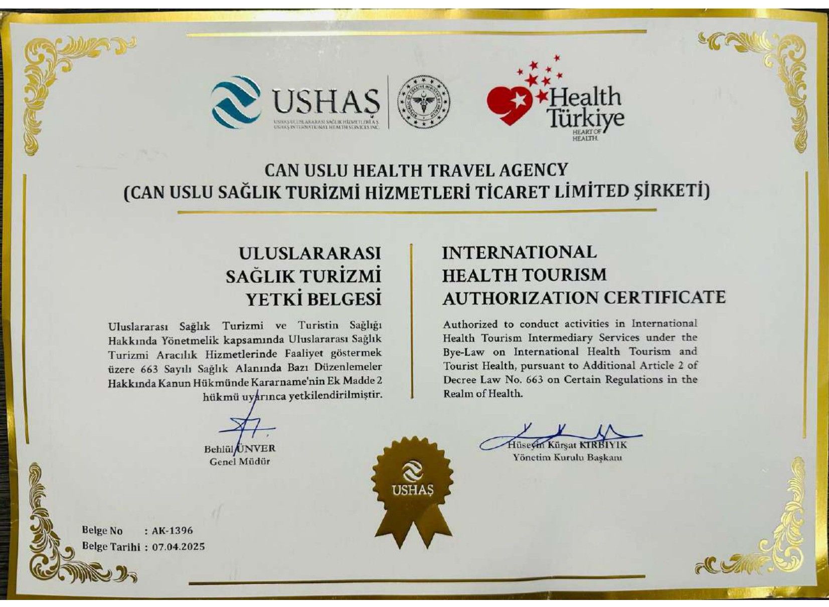 Sağlık Turizmi Yetki Belgesi